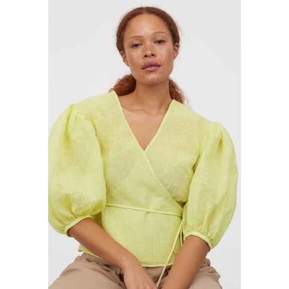 H&M Yellow Crinkled V-Neck Half Puff Sleeve Boho Wrap Blouse Shirt Top Size M - Picture 2 of 5